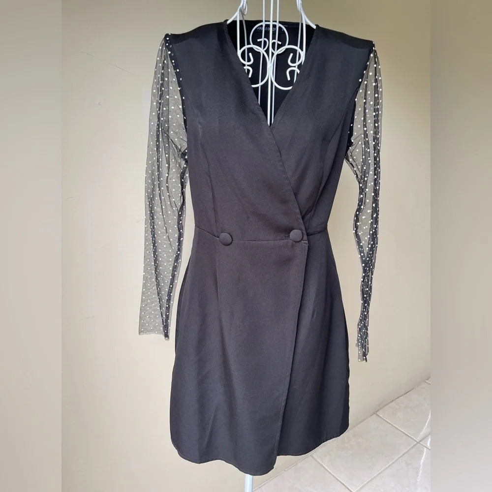 Polka dot mesh sleeve wrap mini dress. Blazer